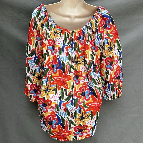 Linen Blend By Heater Orchard Multicolored Off The Shoulder Top Shirt Sz L - Picture 2 of 7